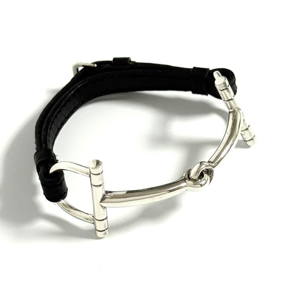 HERMES Silver Leather Horsebit Charm Bracelet